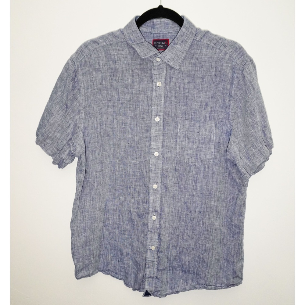 UNTUCKit 100% Linen Chambray Blue Short Sleeve Button Down Men's Shirt Large